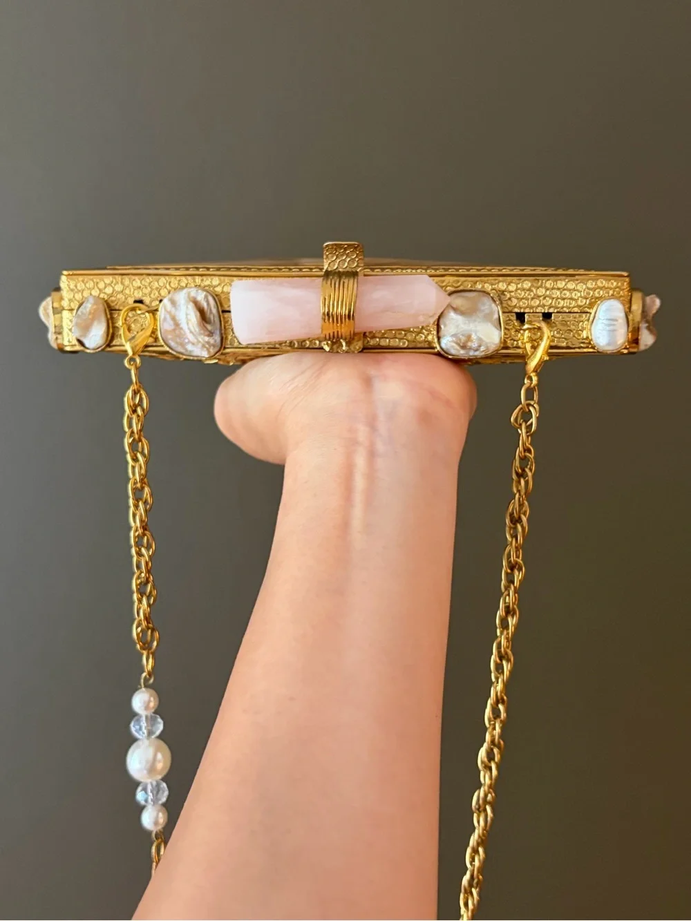 Gold and Shell Rectangular Evening Clutch with Rose Quartz Accent